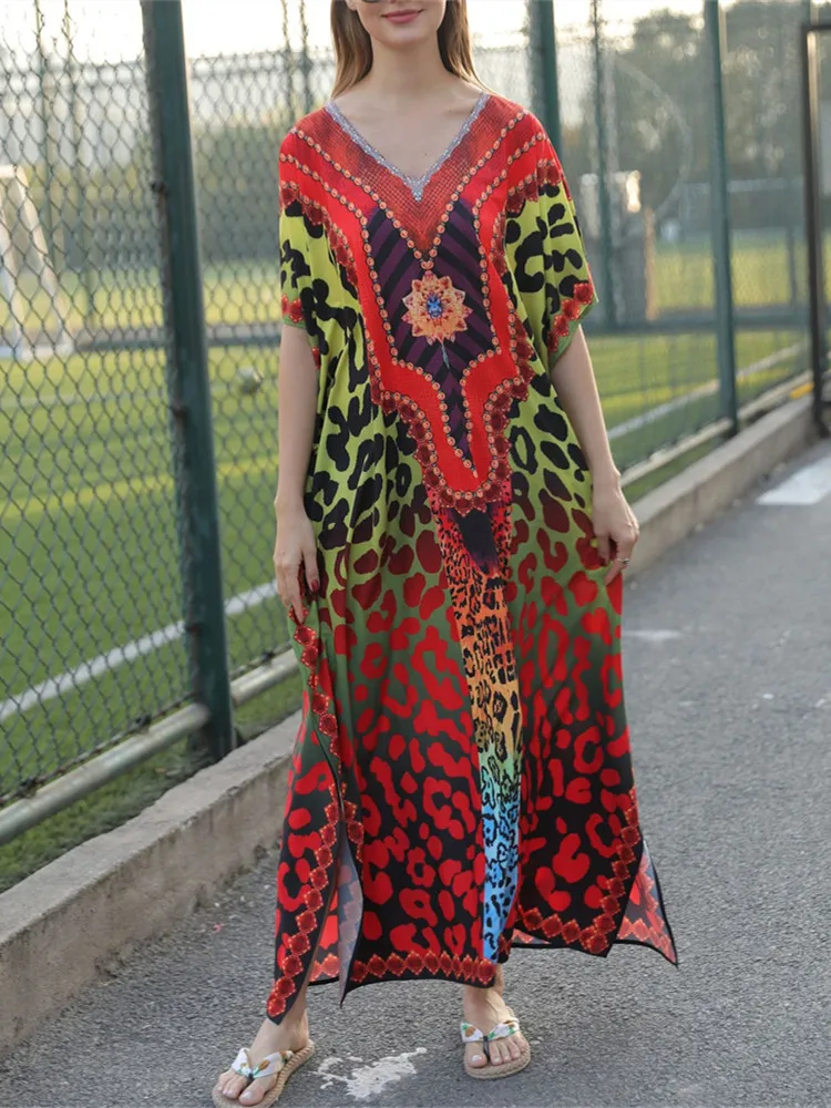 Cover-Ups 2021 Kaftan Beach Leopard 프린트 뱀 가죽 수영복 커버 기모노 플라 주 비치 가운 Femme Sarong Long Dress Beachwear