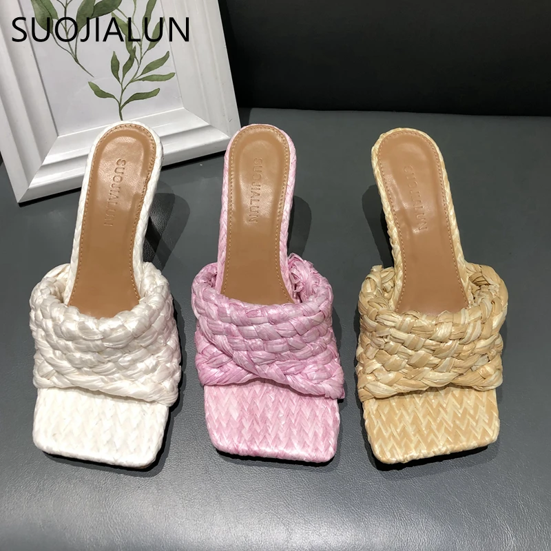 

SUOJIALUN 2021 Fashion Brand Weave Women Slipper New Summer Ladies Slides Square Open Toe High Heel Mules Slip On Sandal Shoes