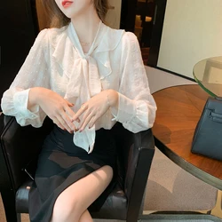 Tops Women 2021 Spring New Palace Style Long-sleeved Chiffon Shirt Ruffled Shirt Bow Chiffon Blouses Professional Women's Top