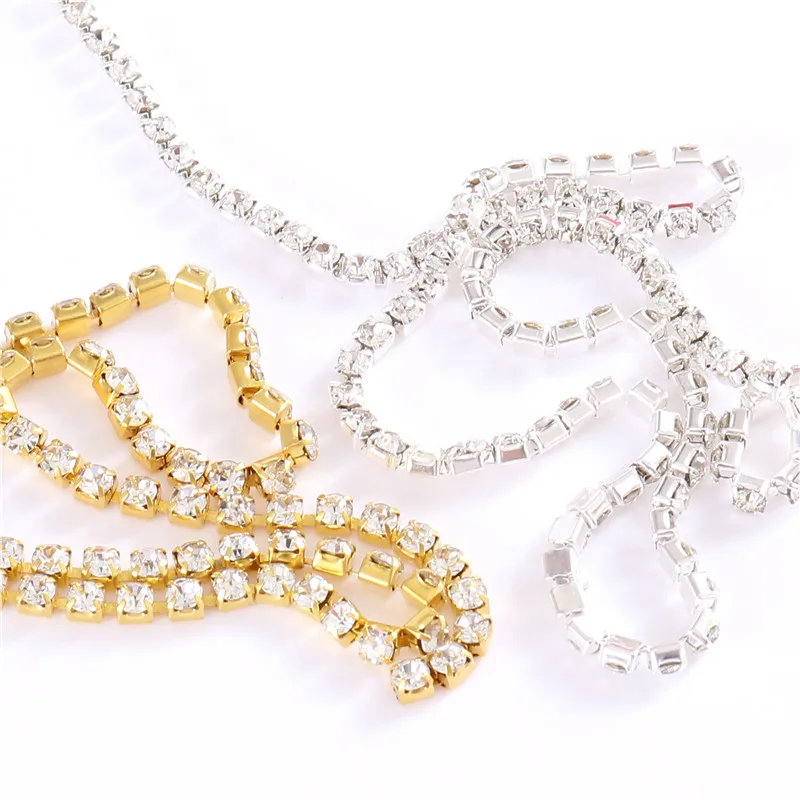 New 2mm-4mm Glass Rhinestone Chain with Silver Base Crystal Faltback Sewing Accessories for Garment Bags decorations