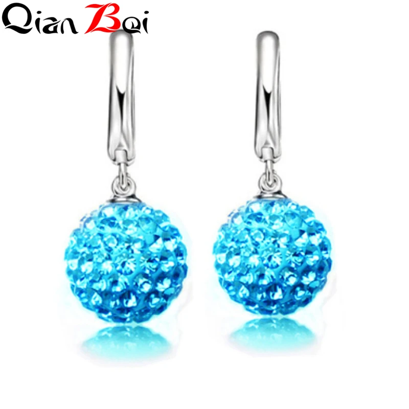 QianBei Hot Sale Multi Color 1 Pair Real Pure 925 Sterling Silver Austrian Pave Disco Ball Hoop Lever Back Earring Woman Jewelry