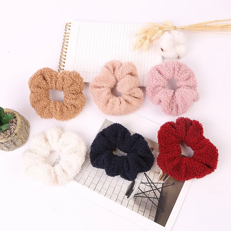 2020 New Women Cute Teddy Velvet Scrunchies Elastic Hair Band Faux Fur Hair Rope Girl\'s Hair Tie Accessories Ponytail Holder