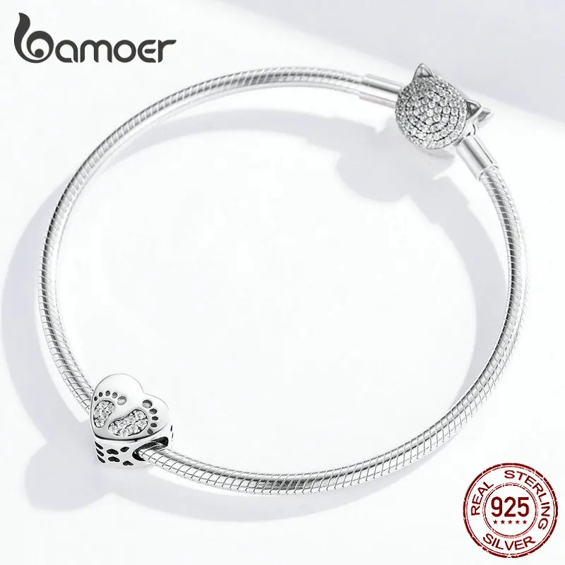 bamoer Footprints Heart Charm fit for Women Original Silver Bracelet Bangle 925 Sterling Silver Fashion Jewelry SCC1395