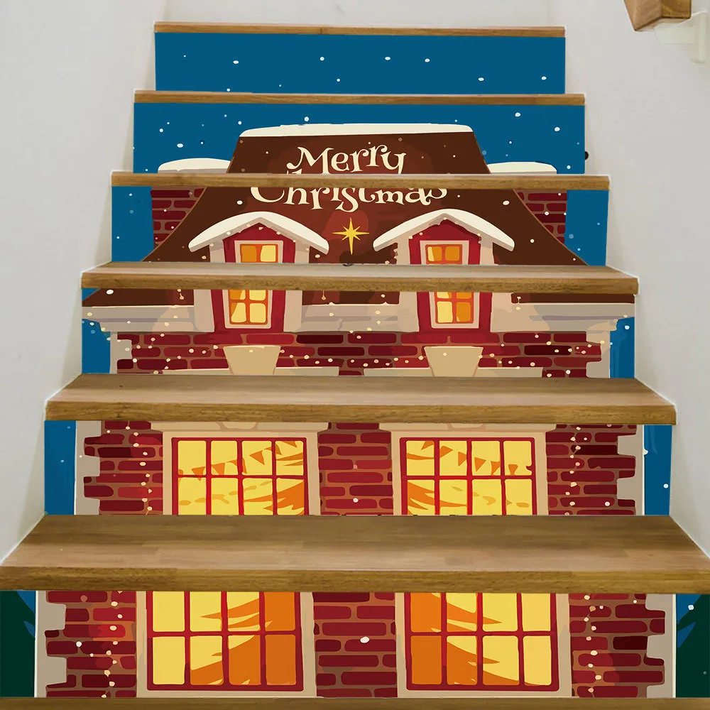 6pcs/13pcs 3D Warm Christmas House PVC Self-Adhesive Stair Risers Stickers Art Staircase Decals Wallpaper for Home Hotel Murals