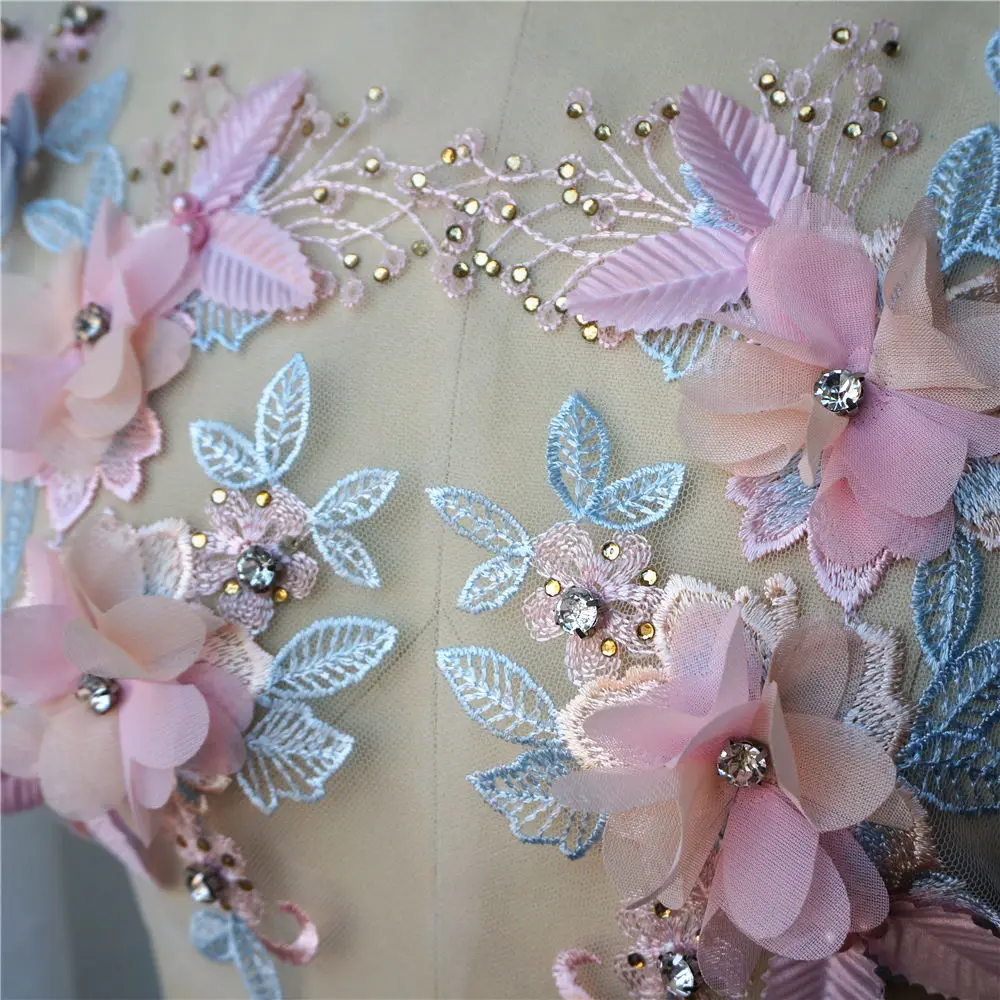 2PCS Pink Blue 3D Flower Lace Fabric Beads Rhinestone Embroidered Gown Appliques Sew Patches For Wedding Decoration Dress DIY