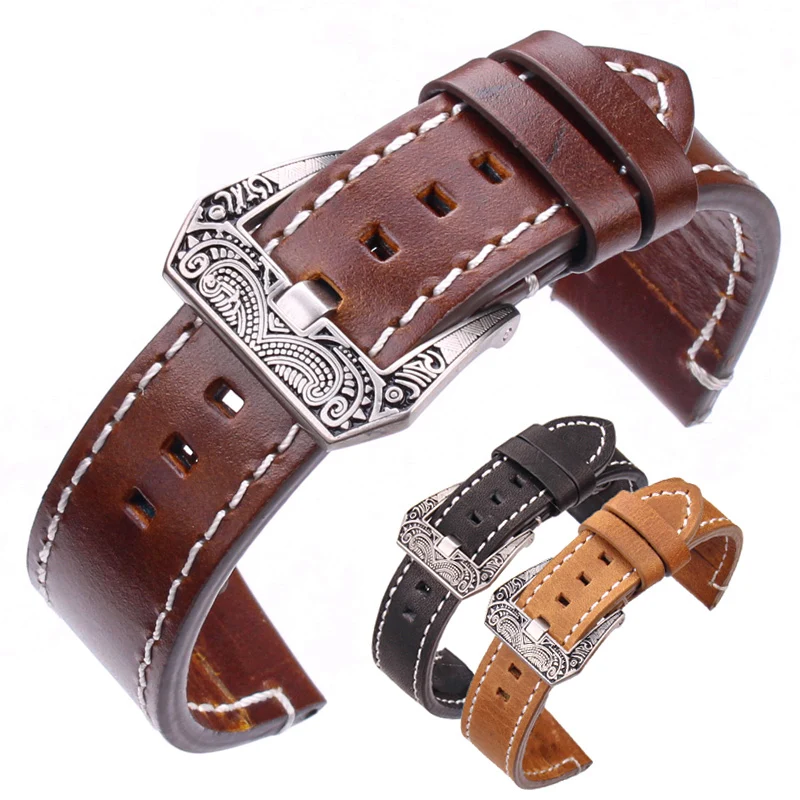 HENGRC Cowhide Vintage Watchbands Black Dark Brown Greased Leather Watch Band Strap With Stainless Steel Buckle