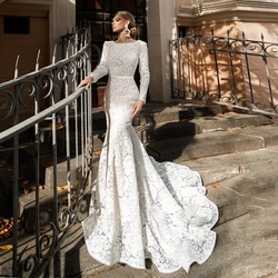 Gorgeous Lace Mermaid Wedding Dress Customized Bateau Neck Long Sleeves Illusion Back with Buttons Robe De Mariee Bridal Gowns