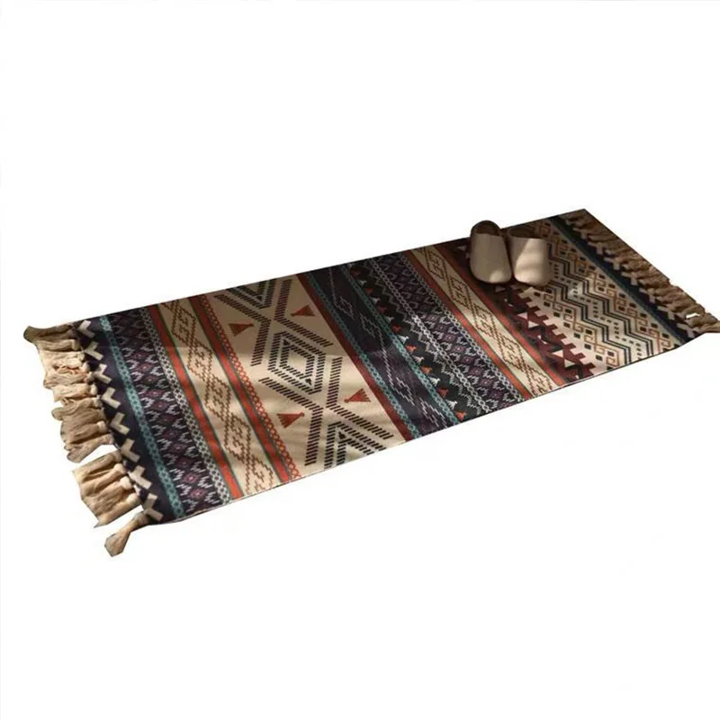 Vintage Plaid Carpet Cotton Home Weave Carpets Bohemian Rug Floor Carpet For Living Room Bedroom Home Decoration Foot Pad Beach