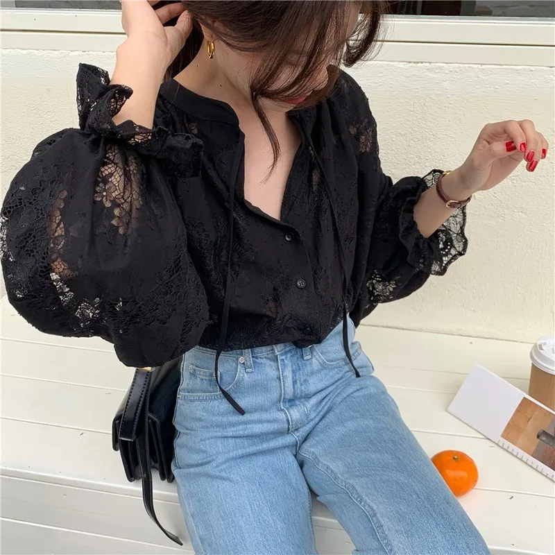 2021 Spring Women Shirts Fashion Carved Lantern Long Sleeve Autumn Black Lace Shirt Tops Loose Blouse Cardigan Clothes 10202