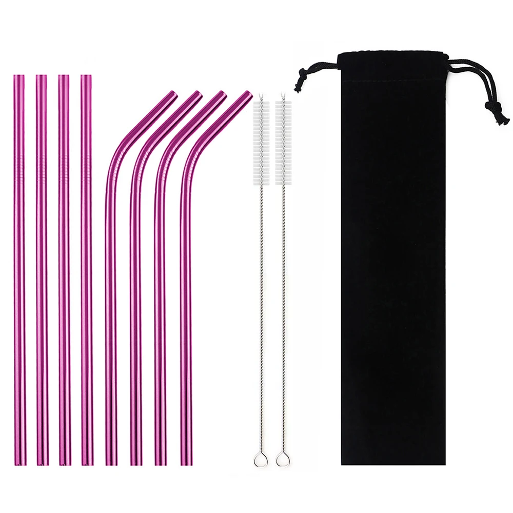 Reusable Drinking Straw Set 304 Stainless Steel Straw Set High Quality Metal Colorful Straw With Cleaner Brush Bag Bar Accessory