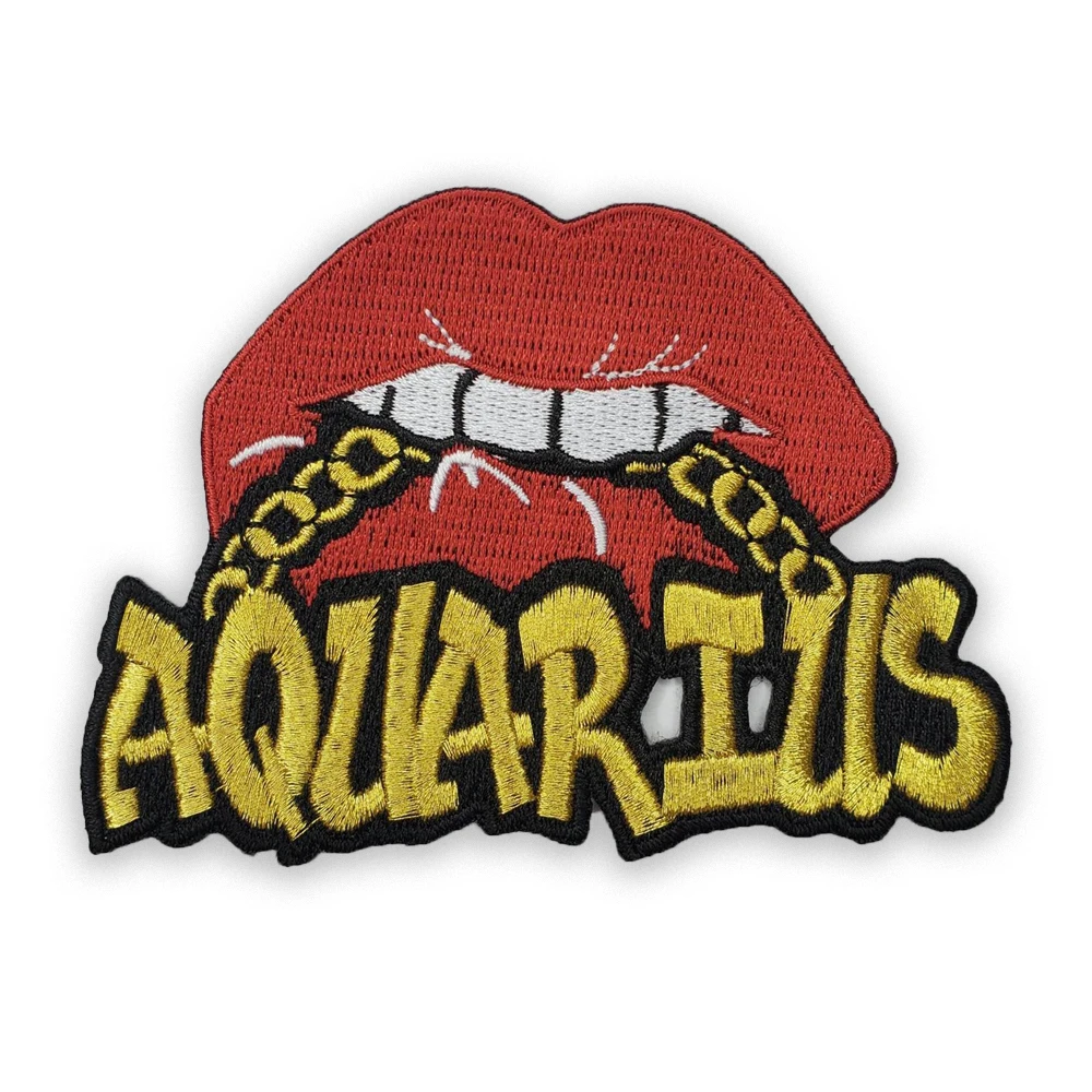 Poppin Red Lip Aquarius Gold Metal Chain Iron-On Patch Astrology Applique Cool Embroidered Patches for Clothing Jacket Garment