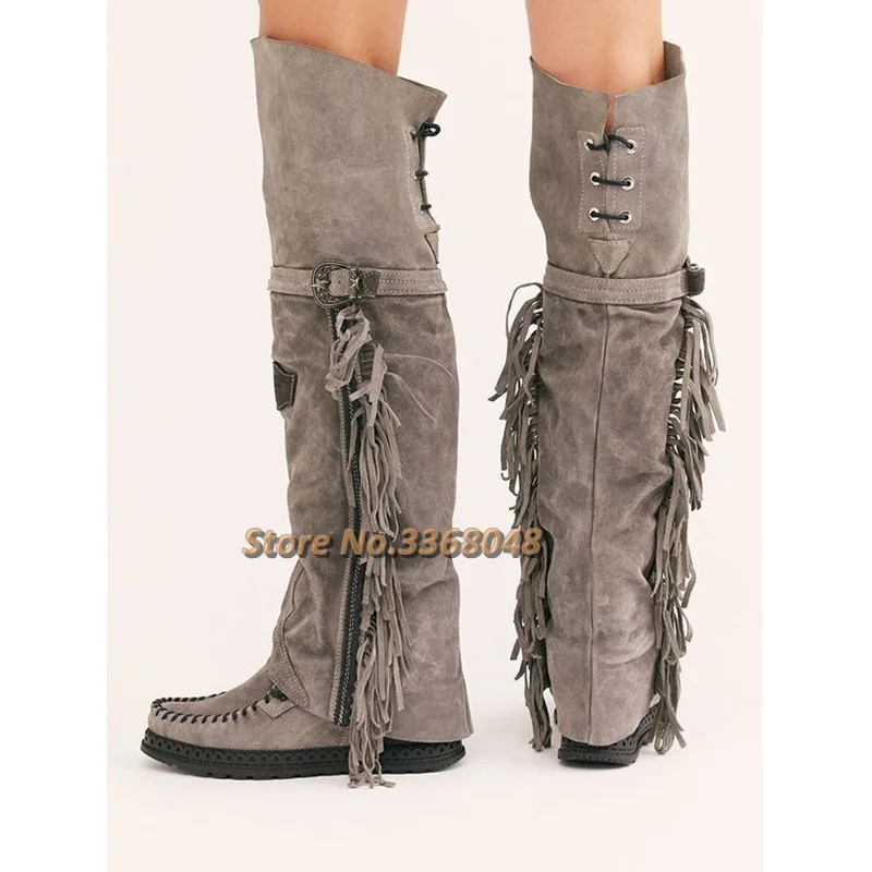 

Fringe Flat With Over The Knee Boots Sewing Thread Suede Round Toe Gladiator Rome Boots Casual Winter Runway Shoes New Arrival