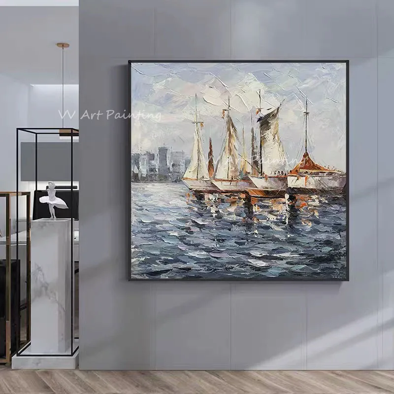 100% Handmade boat on ocean Industrial Style Original Abstract Thick Sailboat Oil Painting Canvas Handpainted Textured Decor