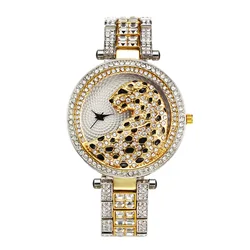 Montre de luxe pour femmes, en cristal glacé, argent/or, tendance, diamant, léopard, Quartz, cadeau