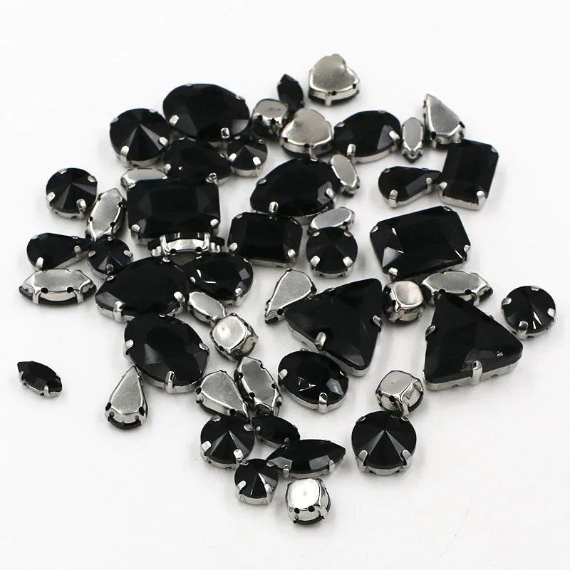 Sell at a loss! 50pcs/bag high quality mixed shape faltback sew on black glass crystal rhinestones diy clothing accessories