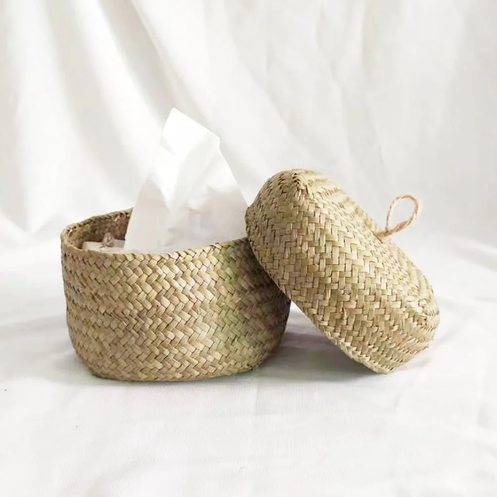 

Wardrobe Desktop Storage Basket with Lid Seagrass Woven Snack Yarn Small Toy Organizer Multi-Purpose Organization Box