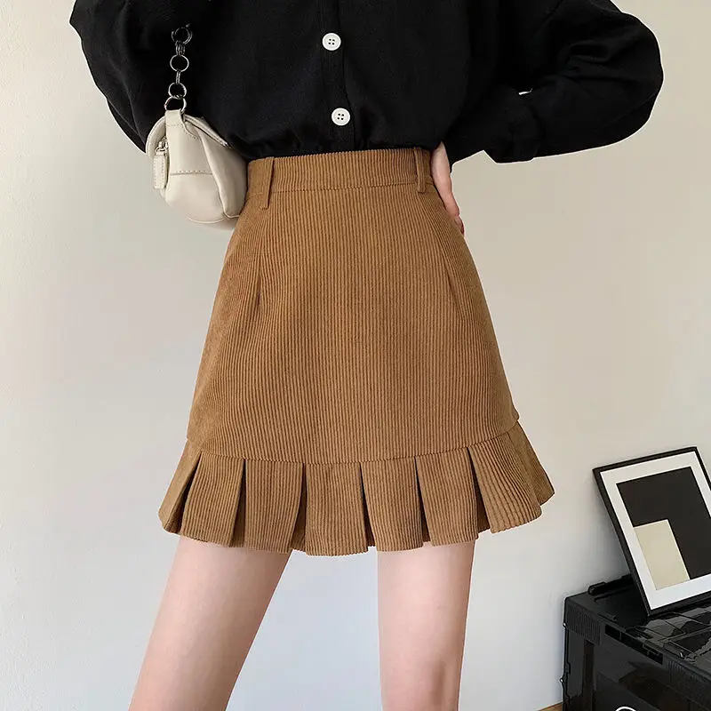 New Solid Color Corduroy A-line Bust Skirt For Autumn Winter 2022 Korean Style Casual Pleated Skirt Preppy Style Skirt For Girl