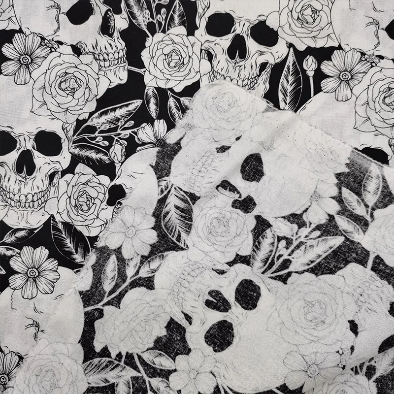 Cool 110cm Wide White Skull Fabric Cotton Fabric White Rose Head Skull Print Cloth Patchwork Sewing Material Diy Clothing Dress