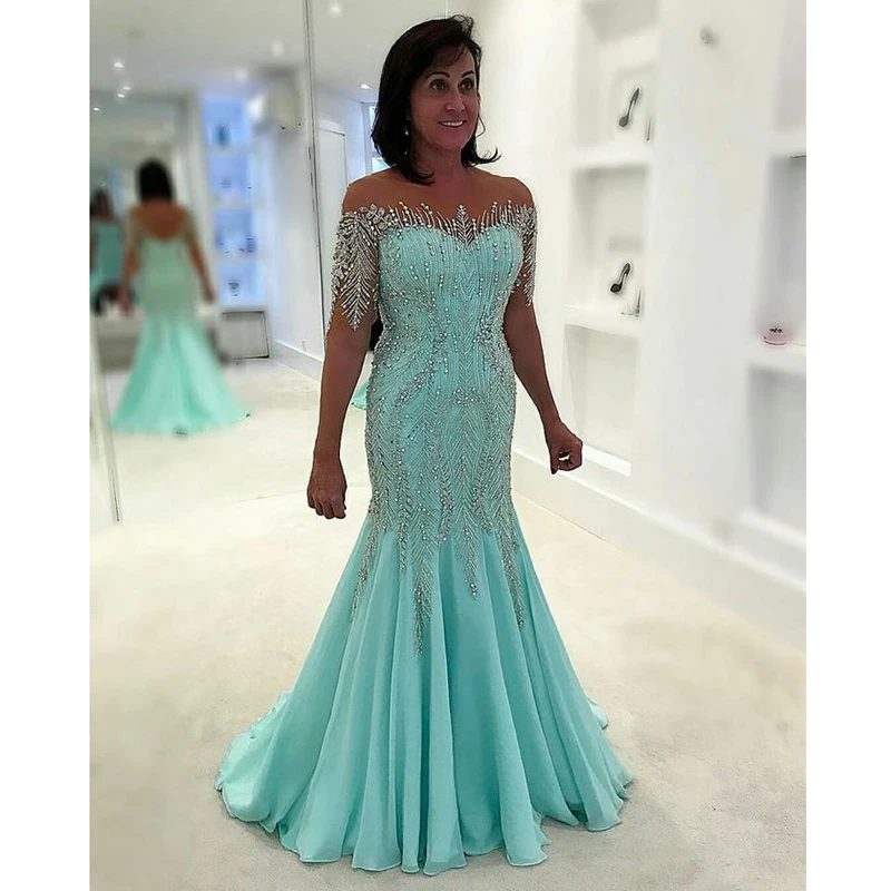 Luxury Crystals Beaded Mermaid Mother Dresses Mint O-Neck Half Sleeve Mother of The Bride Dress Elegant Long Formal Evening Gown