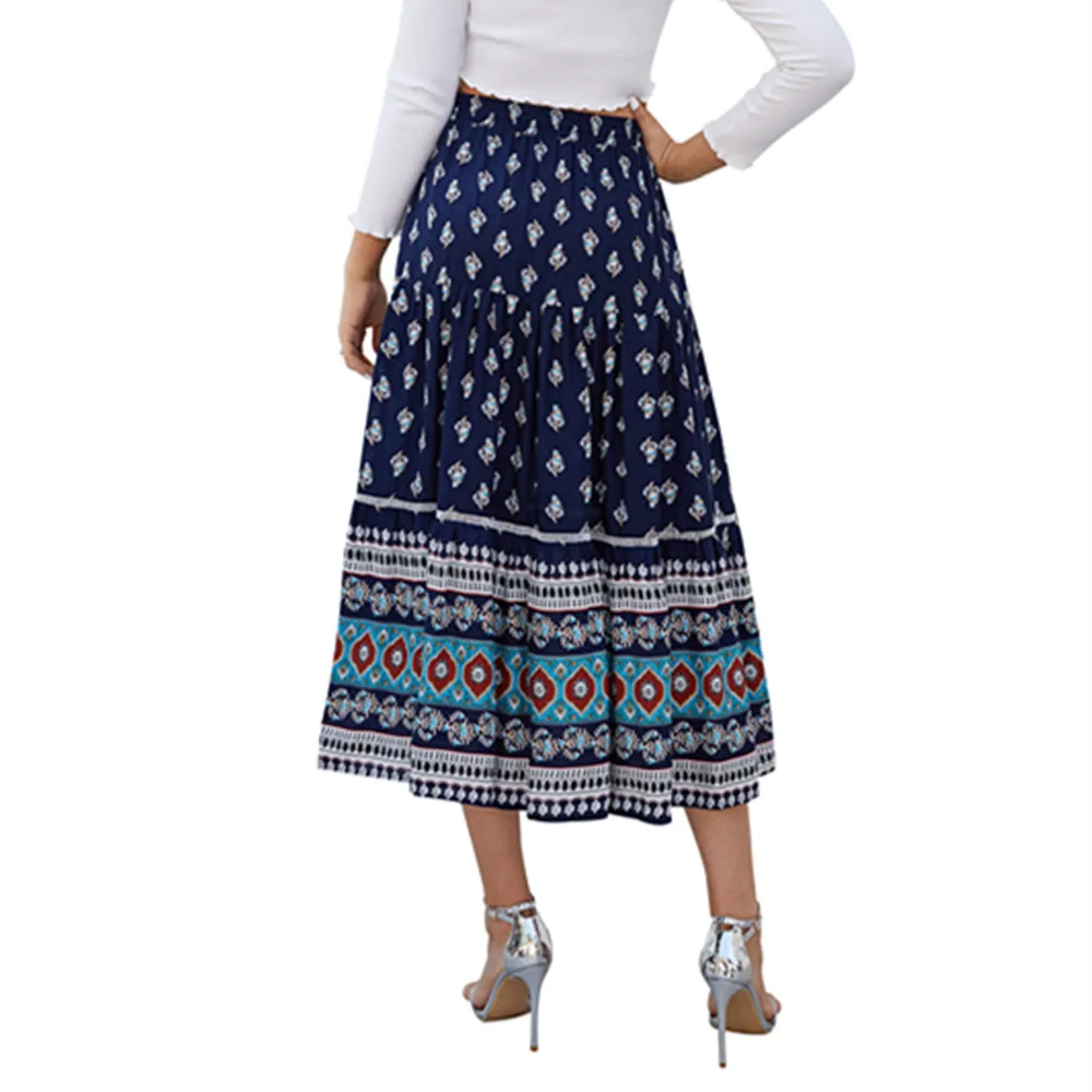 Eight Color Navy Blue Boho Vintage Floral Print Long Skirt  Womens Casual High Elastic Waist Skirts Summer Elegant Female Bottom