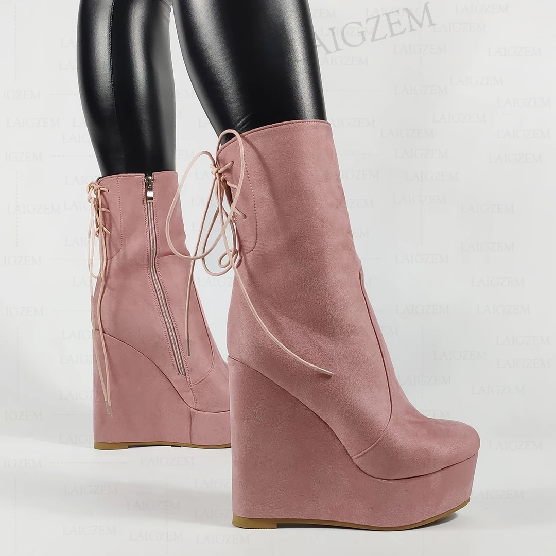 LAIGZEM Women Ankle Boots Round Toe Wedges Side Zip Booties Faux Sude Height Increase Ladies Shoes Woman Big Size 41 44 47 50 52