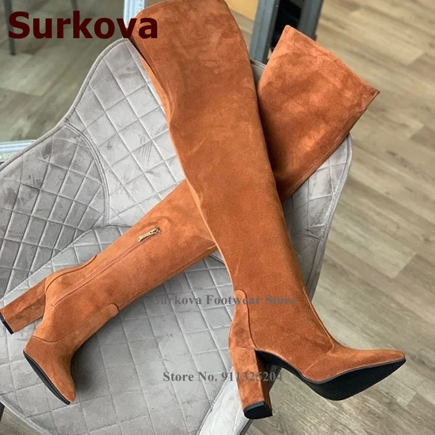 Surkova Brown Velvet Chunky Heel Thigh High Boots Women Chunky Heels Pointed Toe Over The Knee Boots Gladiator Split Dress Shoes