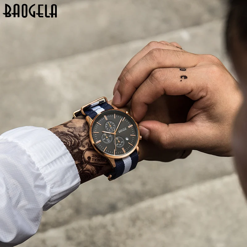 BAOGELA Chronograph New Men Quartz Watch Stainless Steel Mesh Band Gold Watches Slim Men Watches Male Relogio Sports Wristwatch