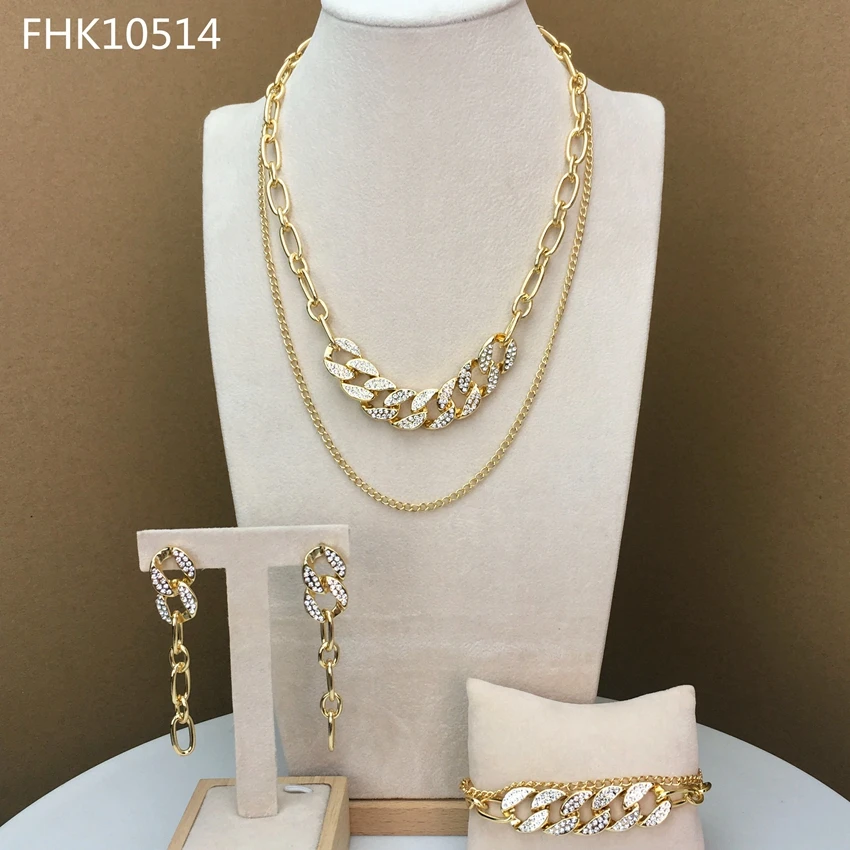 

YUMINGLAI New Design Gold Color Rhinestone Necklace Earring and Bracelet African Ladies Jewelry Set FHK10514