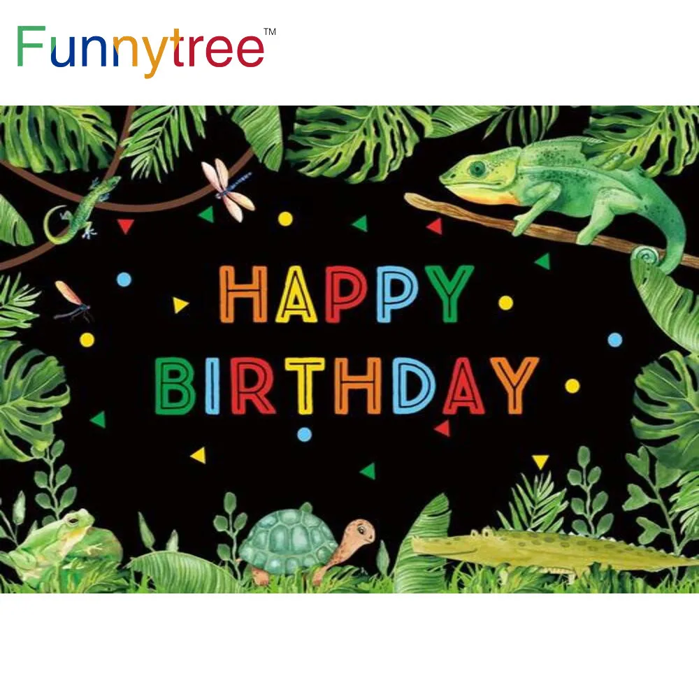 Funnytree Kids Colourful Dots Jungle Theme Happy Birthday Party Background Leaves Animals Branches Tropical Adventure Backdrop