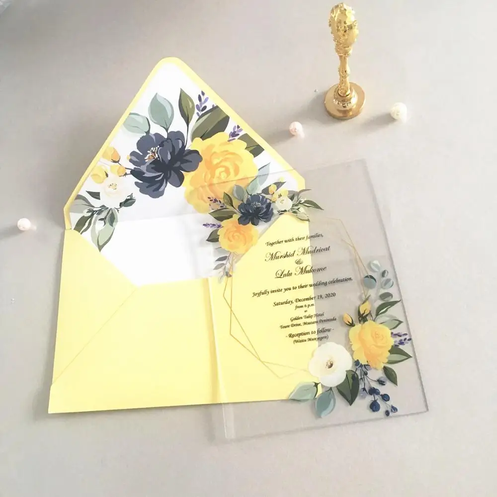 Yellow Flower Acrylic Wedding Invitation Cards Wholesale Price Paper Wedding Favor Laser Cut Printing Invitation Cards  10sets