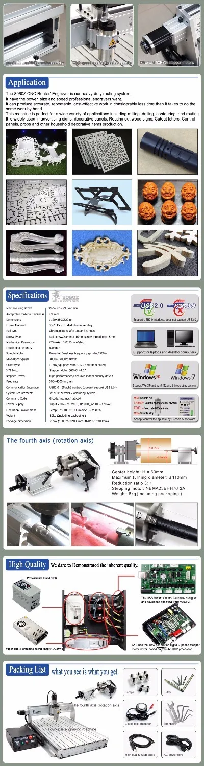 DE/EU 4 Axis 2200W 8060Z USB Mach3 2200W 2.2kw CNC Router Graveur Graveren Boren Snijden Frezen mahcine 220VAC