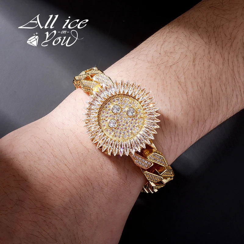 ALLICEONYO Luxury Watch Style Bracelet High Quality Iced Micro Pave Cubic Zirconia With Spring Clasp Hip Hop Jewelry For Gift