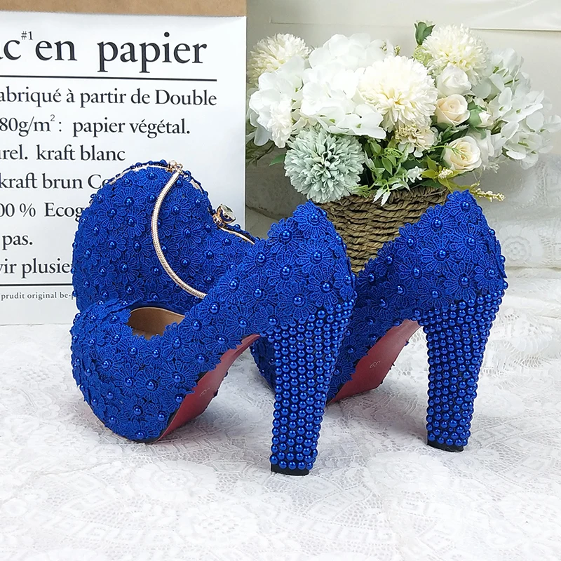 BaoYaFang Royal Blue Flower Wedding shoes and bags sets Ladies Platform shoes woman High heel shoes Thick Heel heart purse