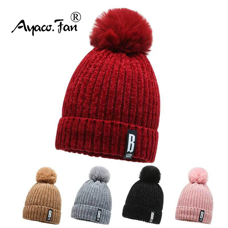 Winter Hats for Woman Thicker Beanies Chenille Ball Knitted Cap Girls Autumn Beanie Hats Fleece-lined Warmer Bonnet Casual Cap