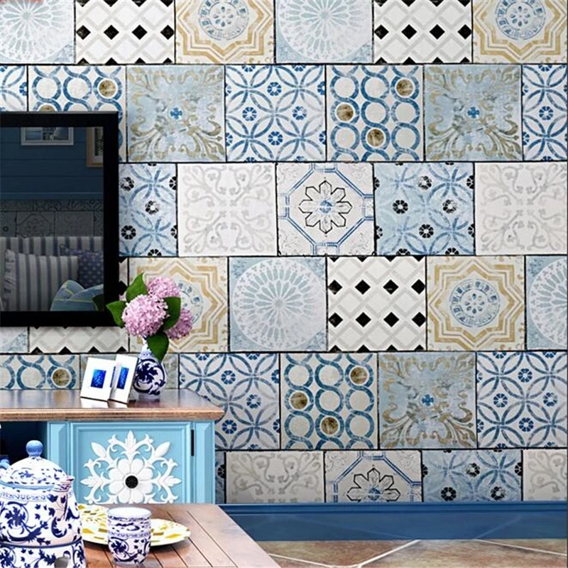 

wellyu Bohemian style wallpaper Southeast Asia Thai ethnic style imitation tile blue Mediterranean TV background wallpaper