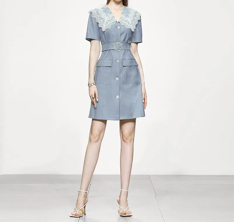

2021 New Summer Women's Temperament Tooling Style Lace Collar Waist A-line Skirt Short-sleeved Thin Skirt