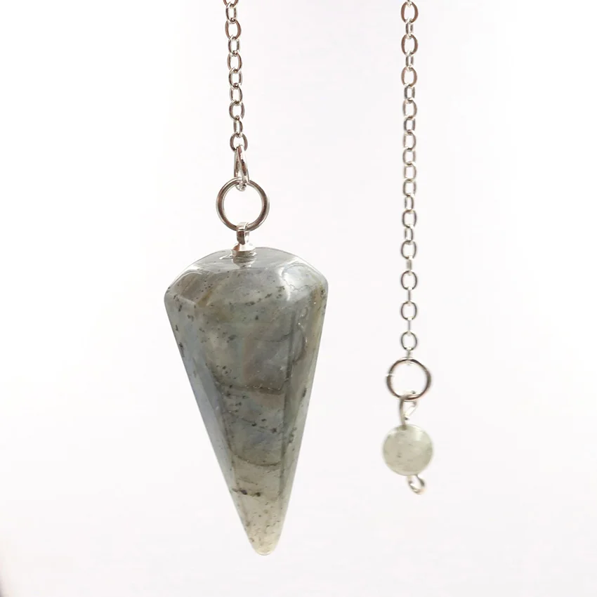 Labradorite Stone Hexagon Pyramid Pendulum for Dowsing Pendant Link Chain Silver Plated Jewelry