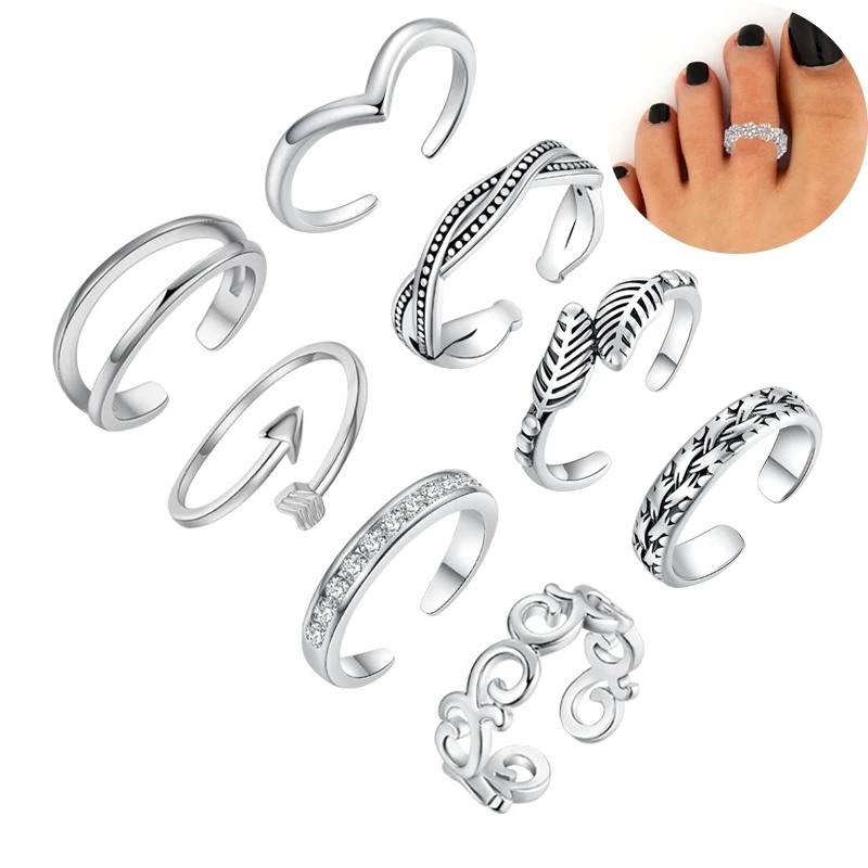 Love & Annie 8pcs Summer Beach Vacation Knuckle Foot Ring Open Toe Rings Set for Women Girls Finger Heart Adjustable Ring Gift