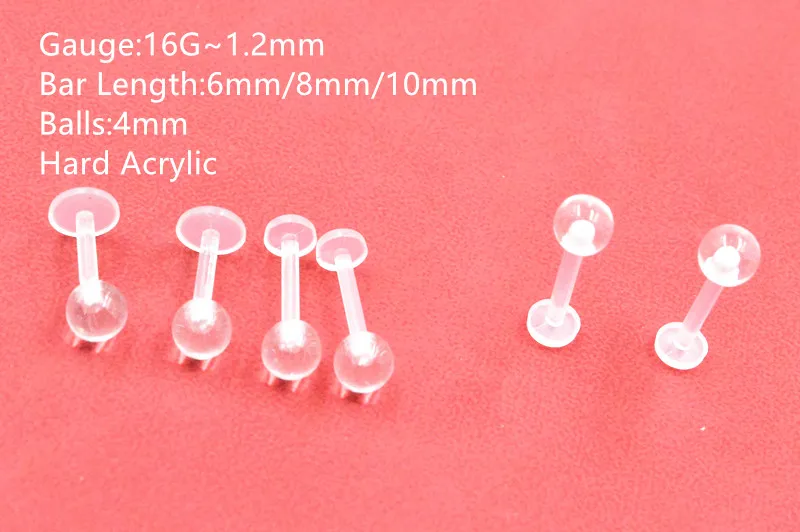 Free shippment LOT100pcs Body Piercing -Hard Acrylic  Retainer Lip Labret Ring Bar Lip Piercing 16G x6/8/10x4mm Clear Ear Bar