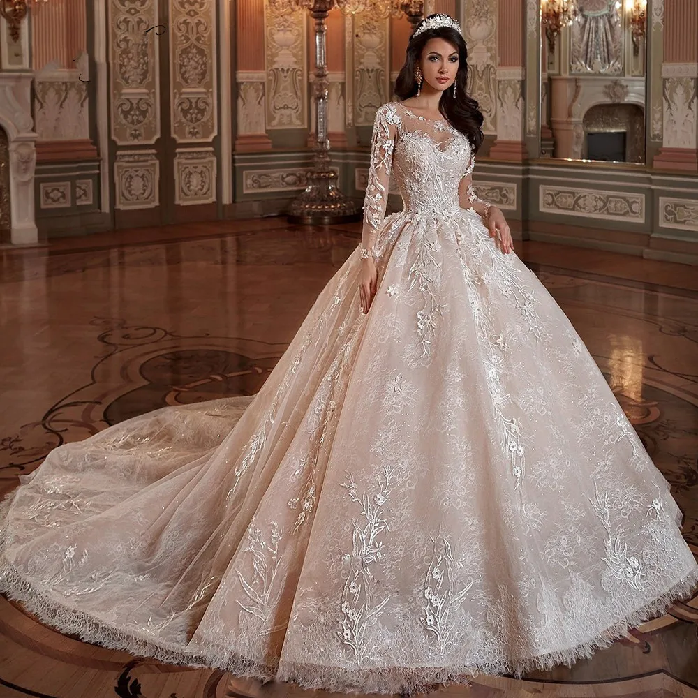 Vestidos de novia de encaje de manga larga, Vestidos de novia de princesa, apliques de flores, tren de la capilla con cuentas, Vestidos de novia Vintage