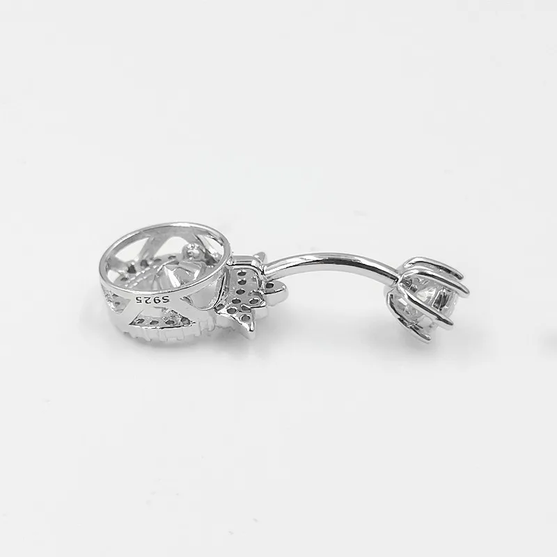 925 Sterling Silver Crown Zircon Long Belly Button Ring Dangle In Bulk Bar Navel-Piercing Women Body Jewelry Party Charming Gift