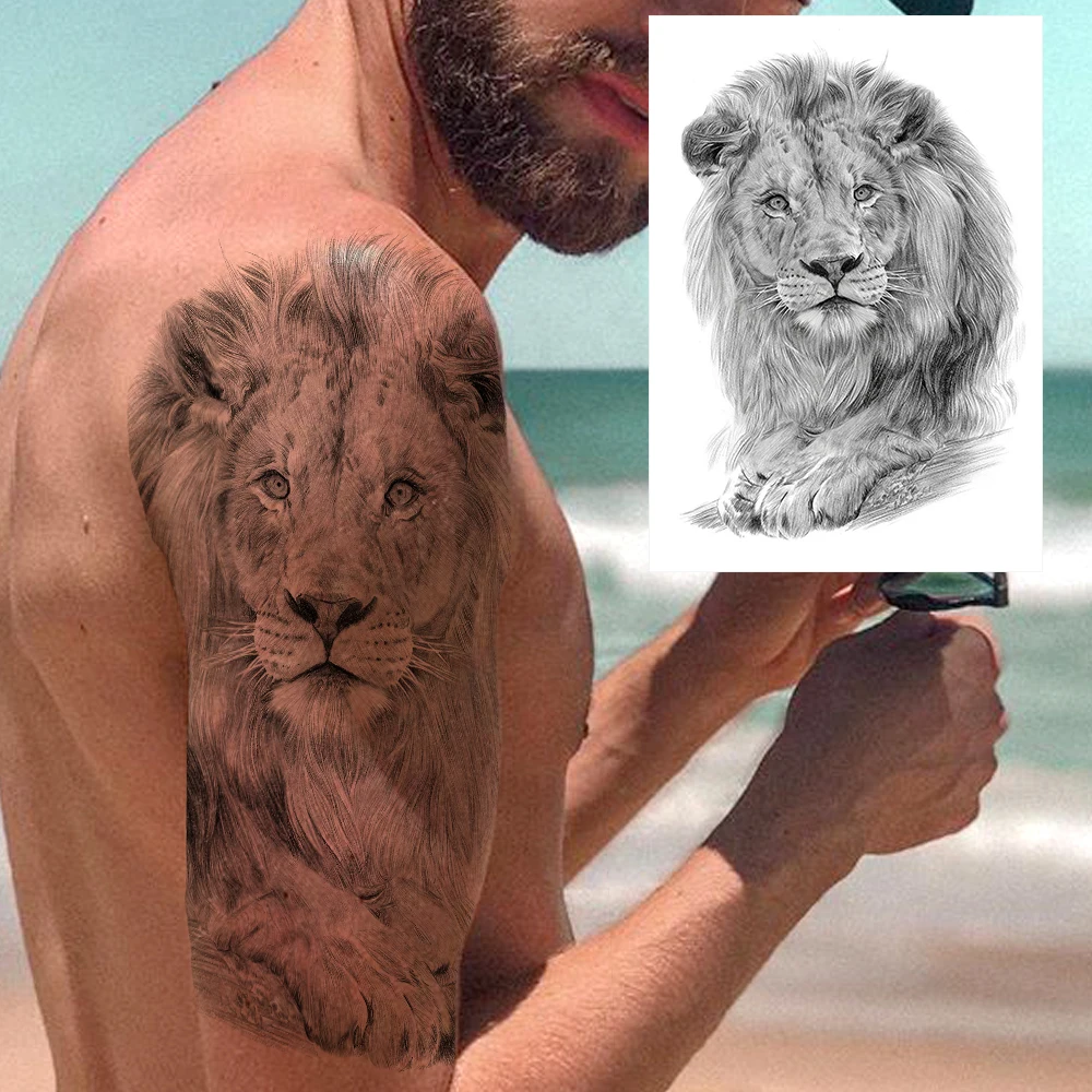 Minimalist Pencil Sketch Lion Temporary Tattoos For Men Adult Cover Up Arm Tatoos Decal Realistic Fake Black 3D Body Art Tattoos