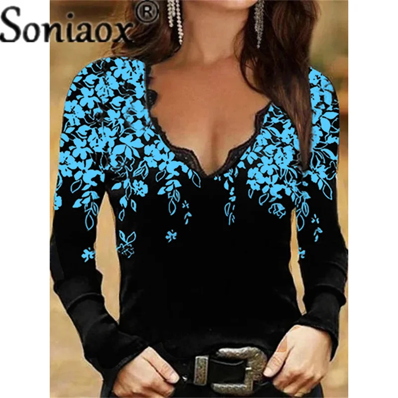 2021 Autumn New Women Sexy Lace V Neck Shirts Tops Floral Print Long-Sleeve T-Shirt Fashion Ladies Casual Loose Street Clothing