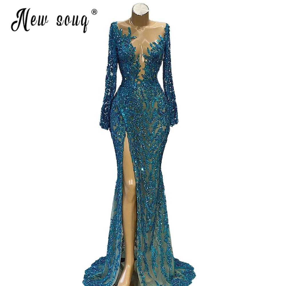 Lange Sparkly Mermaid Avondjurken 2021 Lange Mouwen High Neck Sequin Dubai Vrouwen Formele Gowns Celebrity Jurken Plus Size