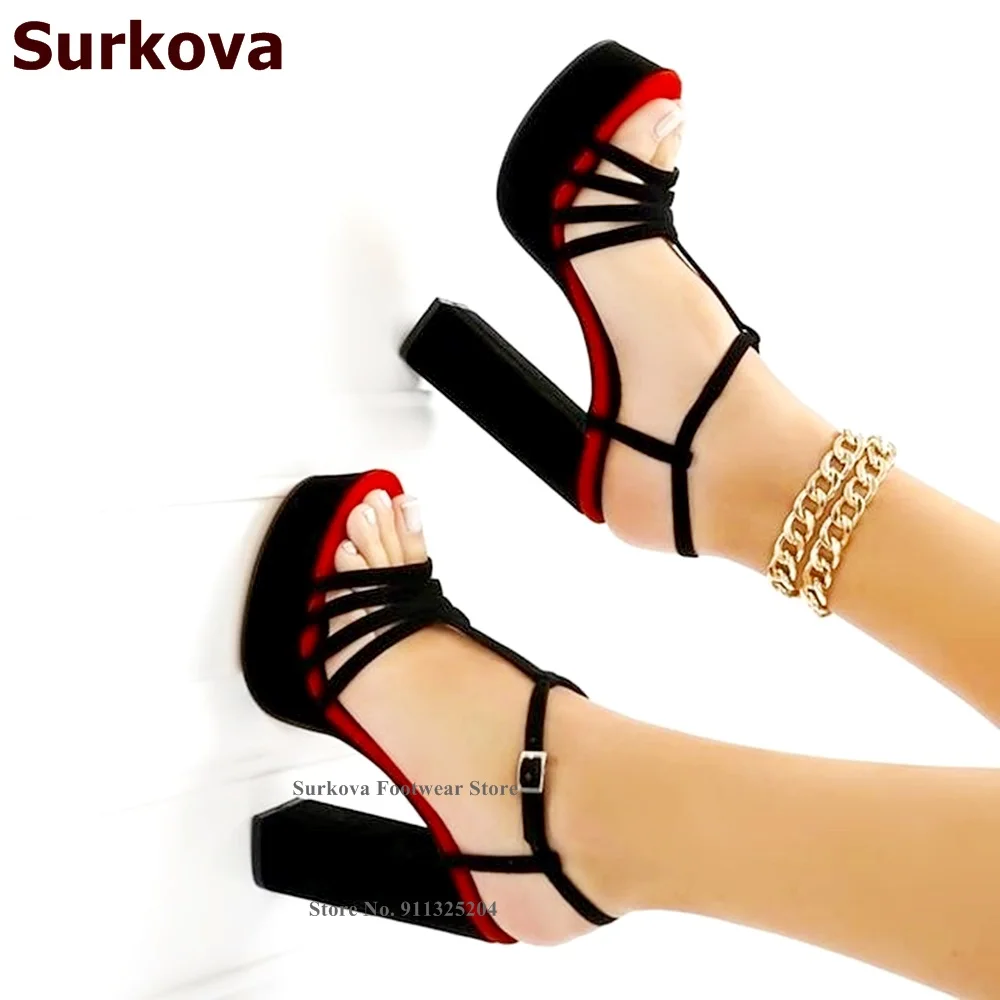 

Surkova Black Suede Chunky Heel T-strap Sandals High Platform Open Toe Thin Strappy Buckle Dress Shoes T-bar Women Footwear