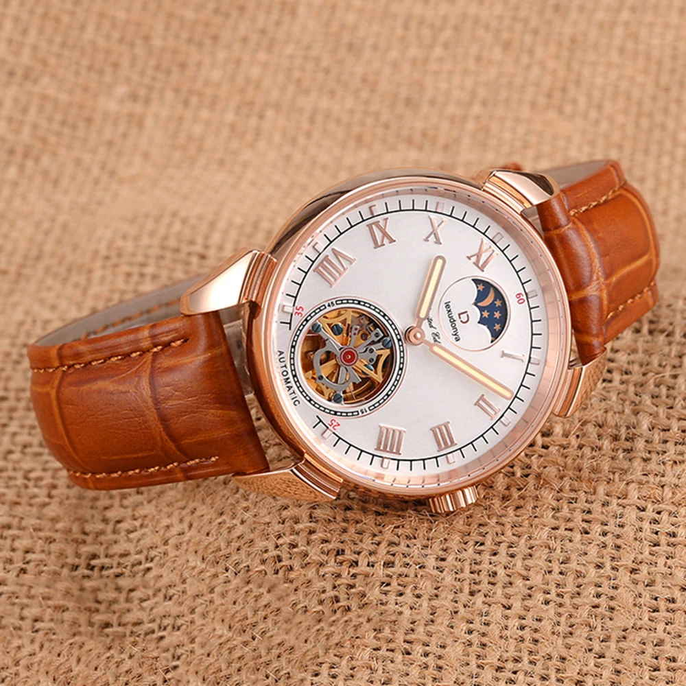 Luxury Tourbillon Watch Men 39mm Automatic Mechanical Wristwatch Fashion Stainless Steel Moon Phase Luminous Waterproof Watches