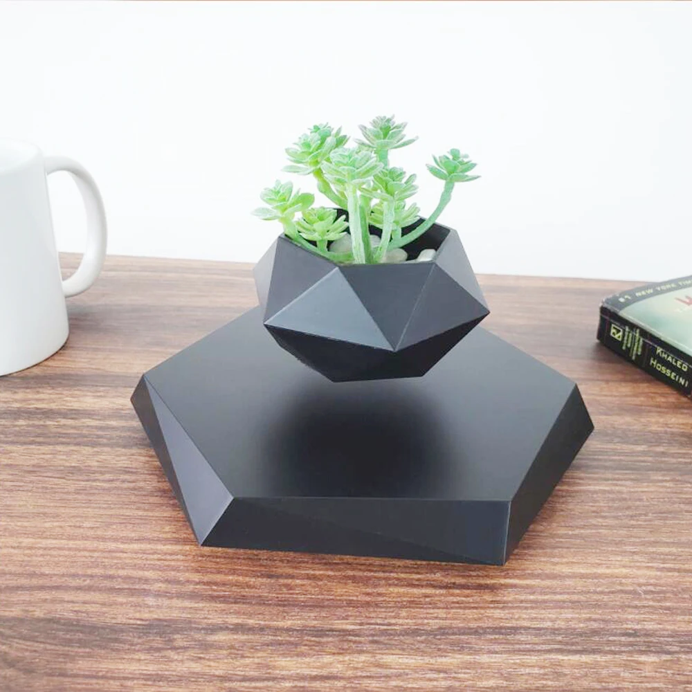 Christmas Gift Magnetic Levitating Flower Pot Air Plant Pot Elegant Black Rotation Floating Planter Potted For Home Decor Gift