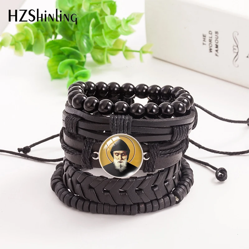 2021 New 5pcs/set Saint Charbel Leather Bracelet Glass Dome Photo Jewelry Men Women Handmade