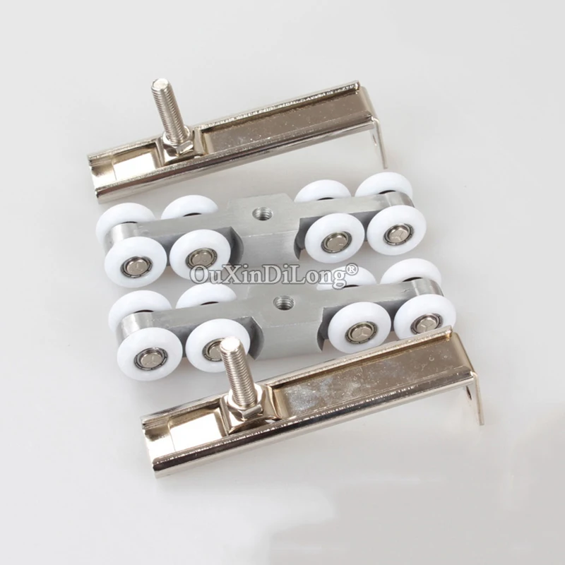 Brand New 2PCS Heavy Duty Shower Sliding Door Rollers 8 Wheels Hanging Pulleys Cupboard Cabinet Door Hangers Mute Wheels