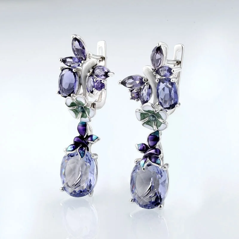 Luxury Dangle Earrings for Women Silver Purple Crystal Flower Floral Pattern Custom Drops Earring Elegant Banquet Jewelry